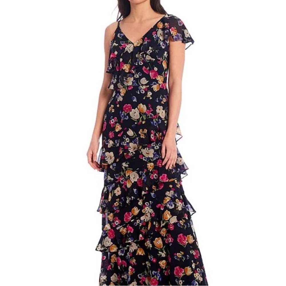Lauren Ralph Lauren Floral Crinkled Georgette Dress Blue Tiered Ruffle Beaded 6